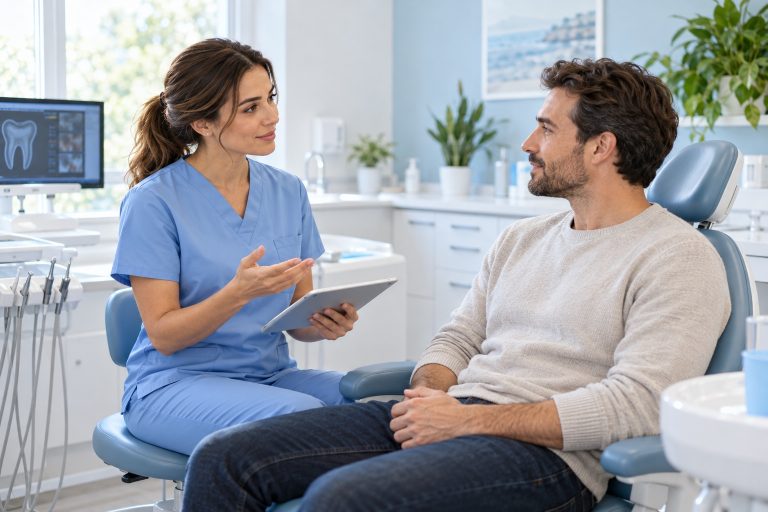 Illustrative dental professional speaking with a patient