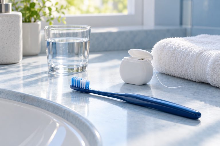 Blue toothbrush and dental floss beside a glass of water and a white towel