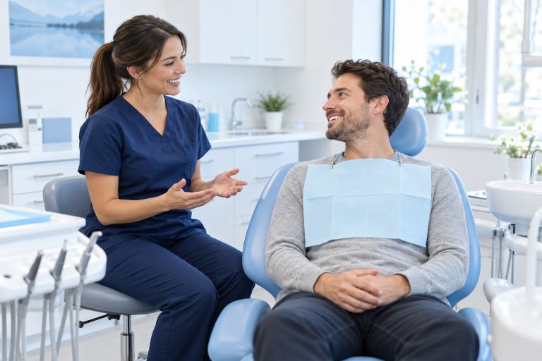 Illustrative image of a hygienist talking with a patient before a dental cleaning