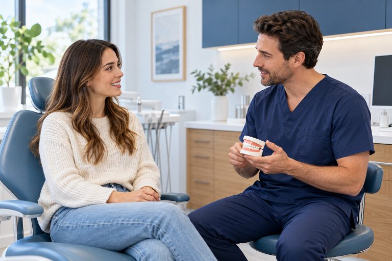 Illustrative dentist discussing a dental model with an adult patient