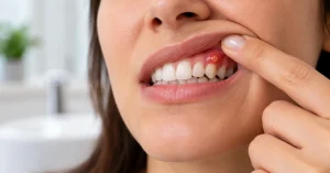 Close-up of a woman lifting her upper lip to reveal a red, swollen gum abscess above a tooth, illustrating signs of a dental infection.