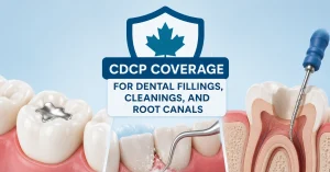 Illustration explaining CDCP coverage for dental fillings, cleanings, and root canals under the Canadian Dental Care Plan.