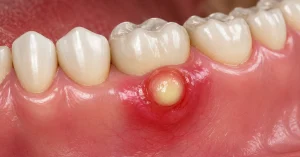 Close-up illustration of a painful dental abscess on the gum below a molar, showing swelling, redness, and pus buildup.