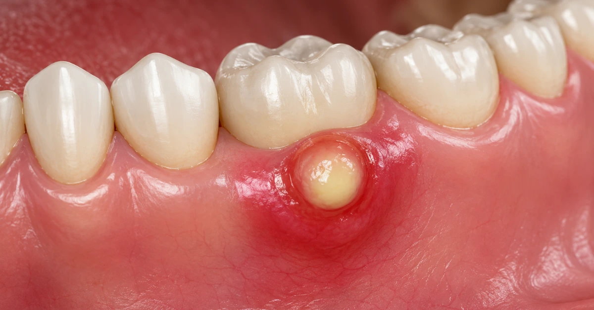 Close-up illustration of a painful dental abscess on the gum below a molar, showing swelling, redness, and pus buildup.