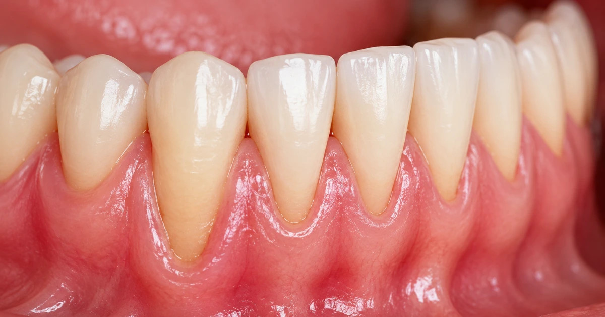 Close-up illustration of receding gums exposing tooth roots, a common sign of gum recession and periodontal disease.