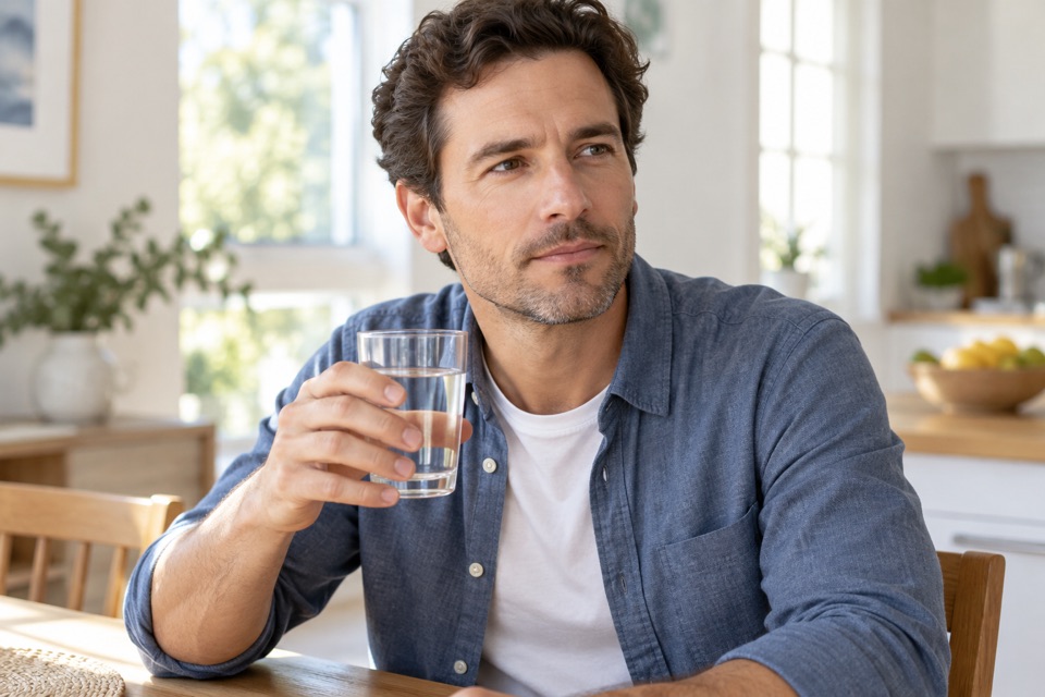 Man holding a glass of water at a kitchen table