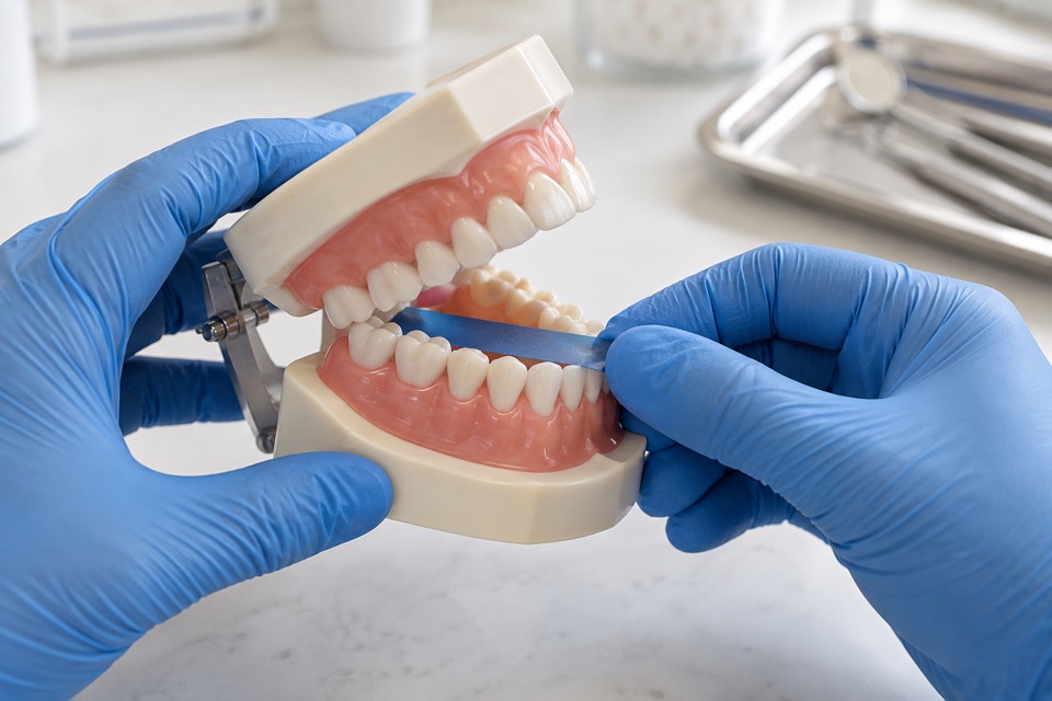 Gloved hands demonstrating a bite check with blue articulating paper on a dental model