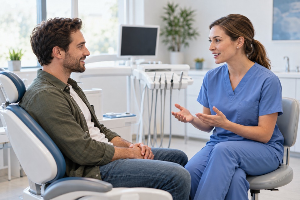 Dentist talking with a patient seated upright in a dental chair