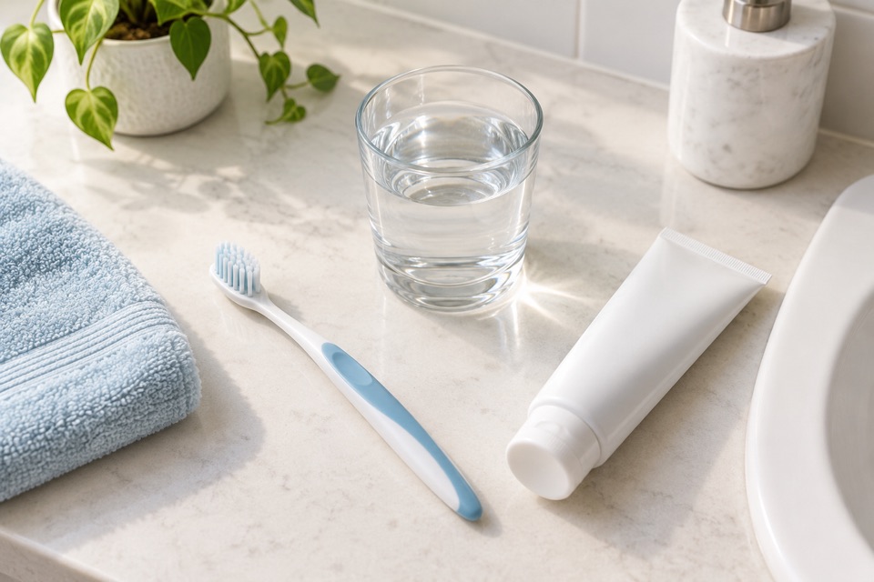 Soft-bristled toothbrush, toothpaste tube and glass of water on a bathroom counter